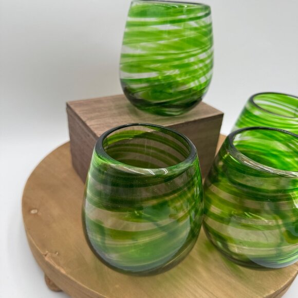 4  Green Swirl Hand Blown Stemless Wine Glasses - Spring, Summer bar ware - Picture 4 of 9